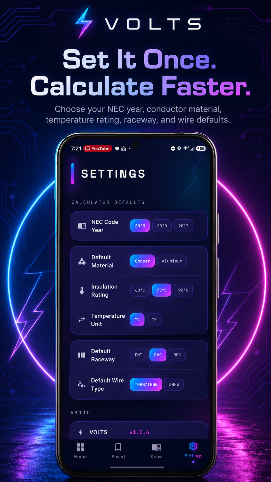VOLTS v1.1.0 settings and field preferences screen